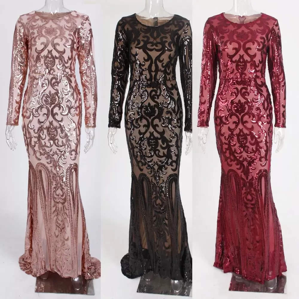 Elegant Vestido Full Sleeved Sequined Maxi Dress