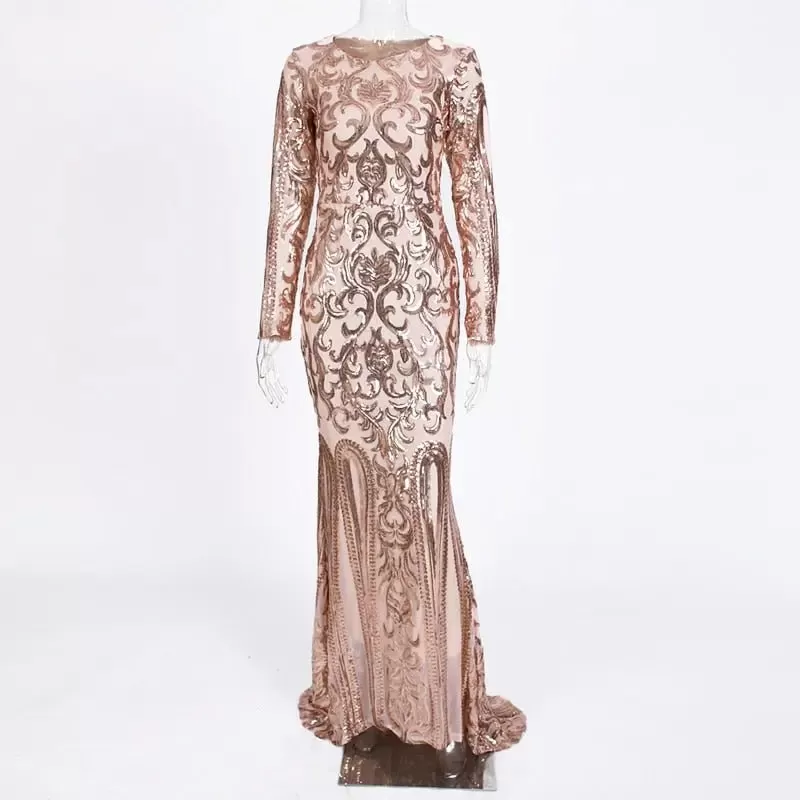 Elegant Vestido Full Sleeved Sequined Maxi Dress