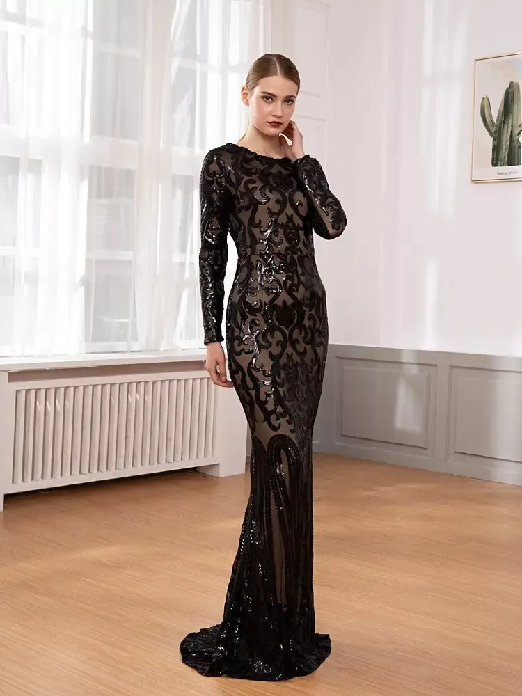 Elegant Vestido Full Sleeved Sequined Maxi Dress