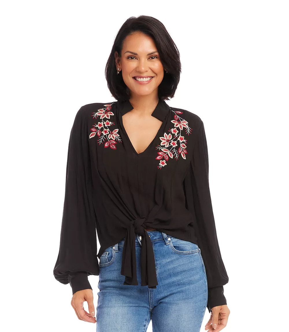 Embroidered Tie Front Top