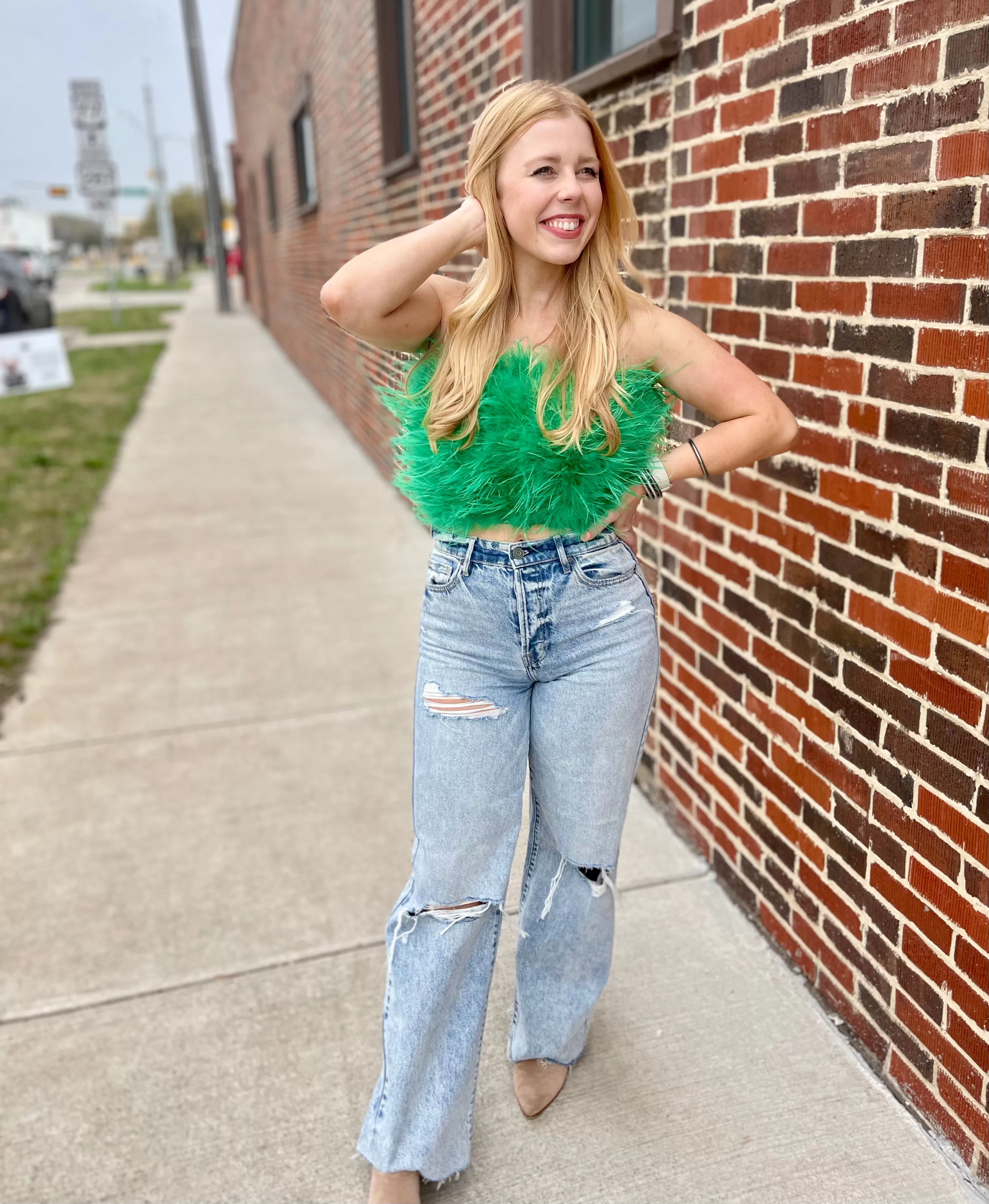 Fancy Strapless Feather Crop Top - Green