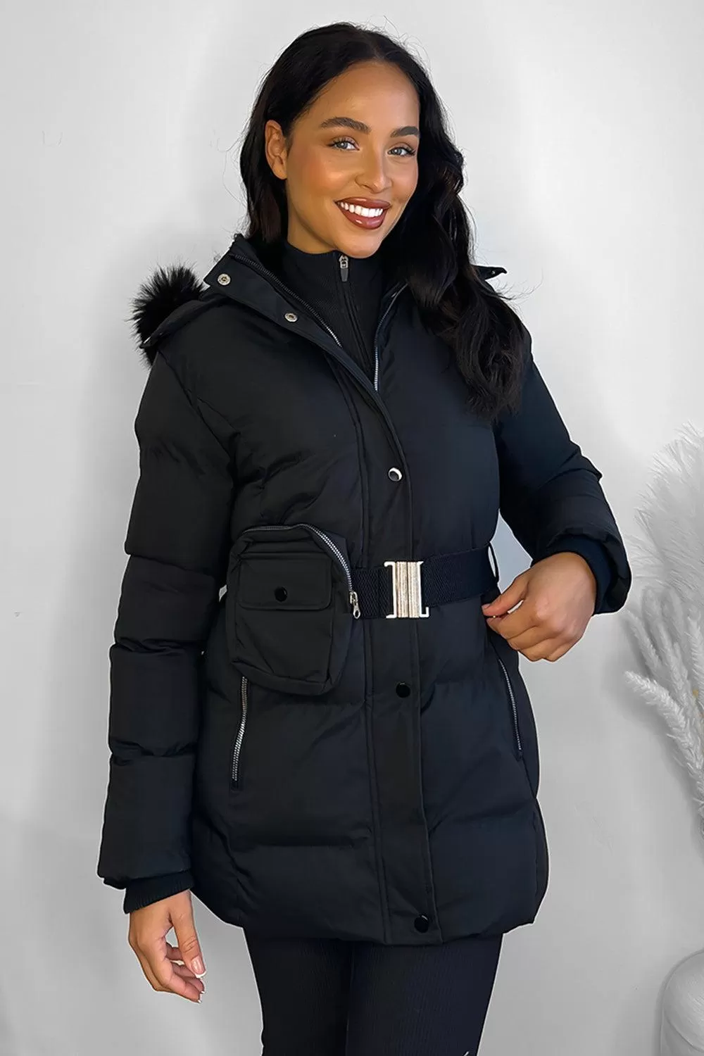 Faux Fur Hood Bag Belt Winter Jacket