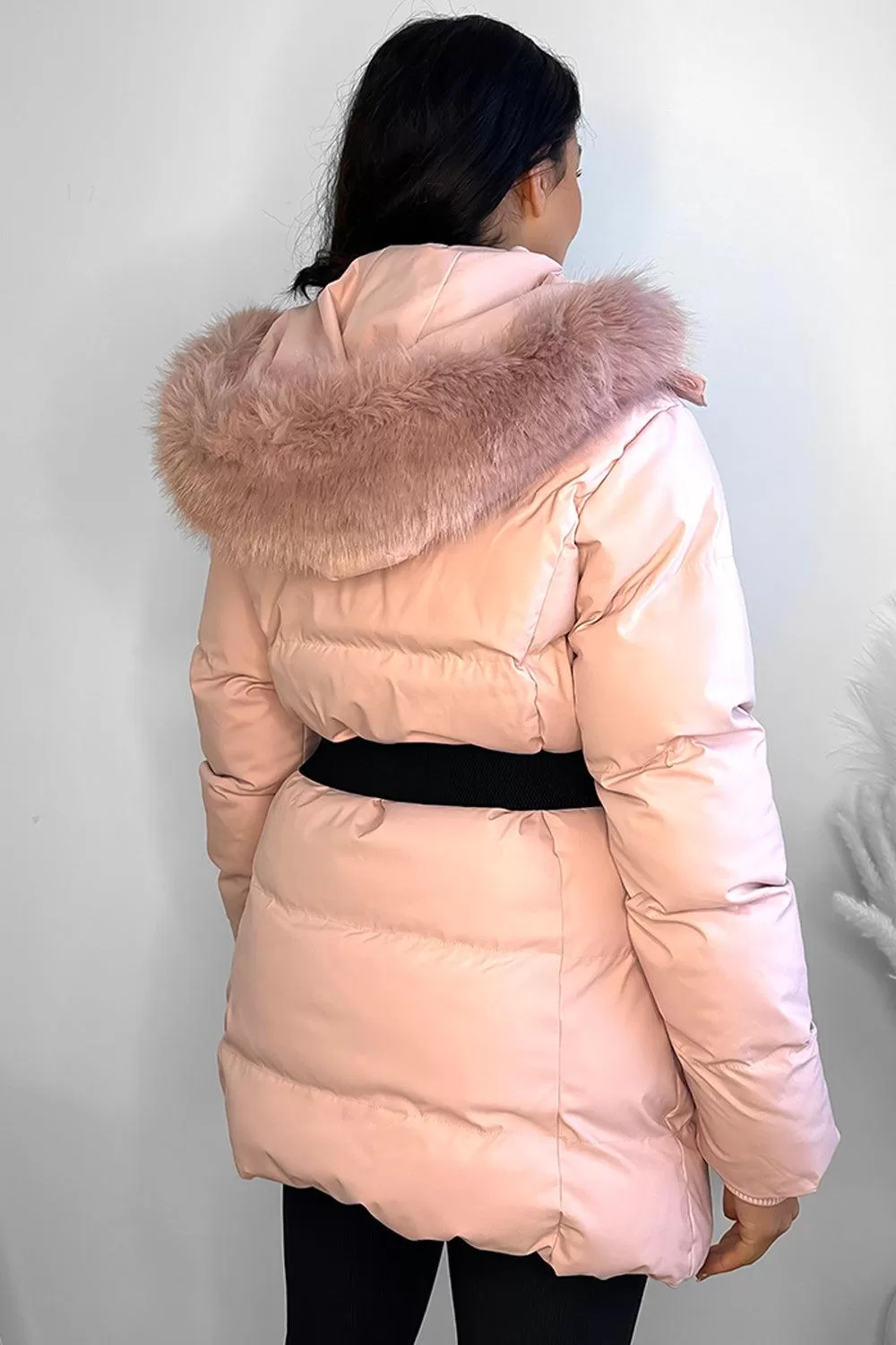 Faux Fur Hood Bag Belt Winter Jacket