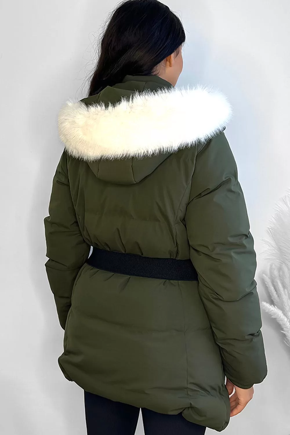 Faux Fur Hood Bag Belt Winter Jacket