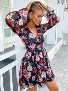 Floral Decorative Button Pleated Dress