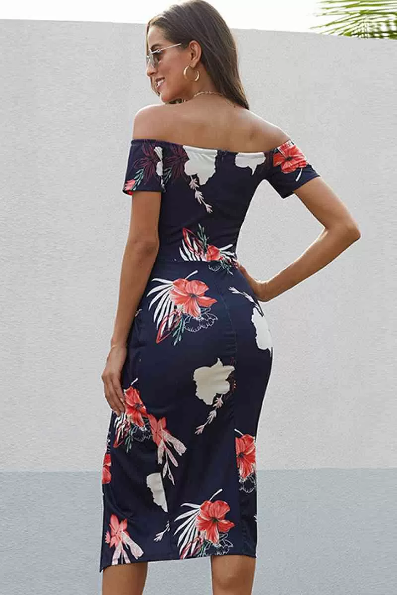 Floral Off Shoulder Slit Wrap Dress