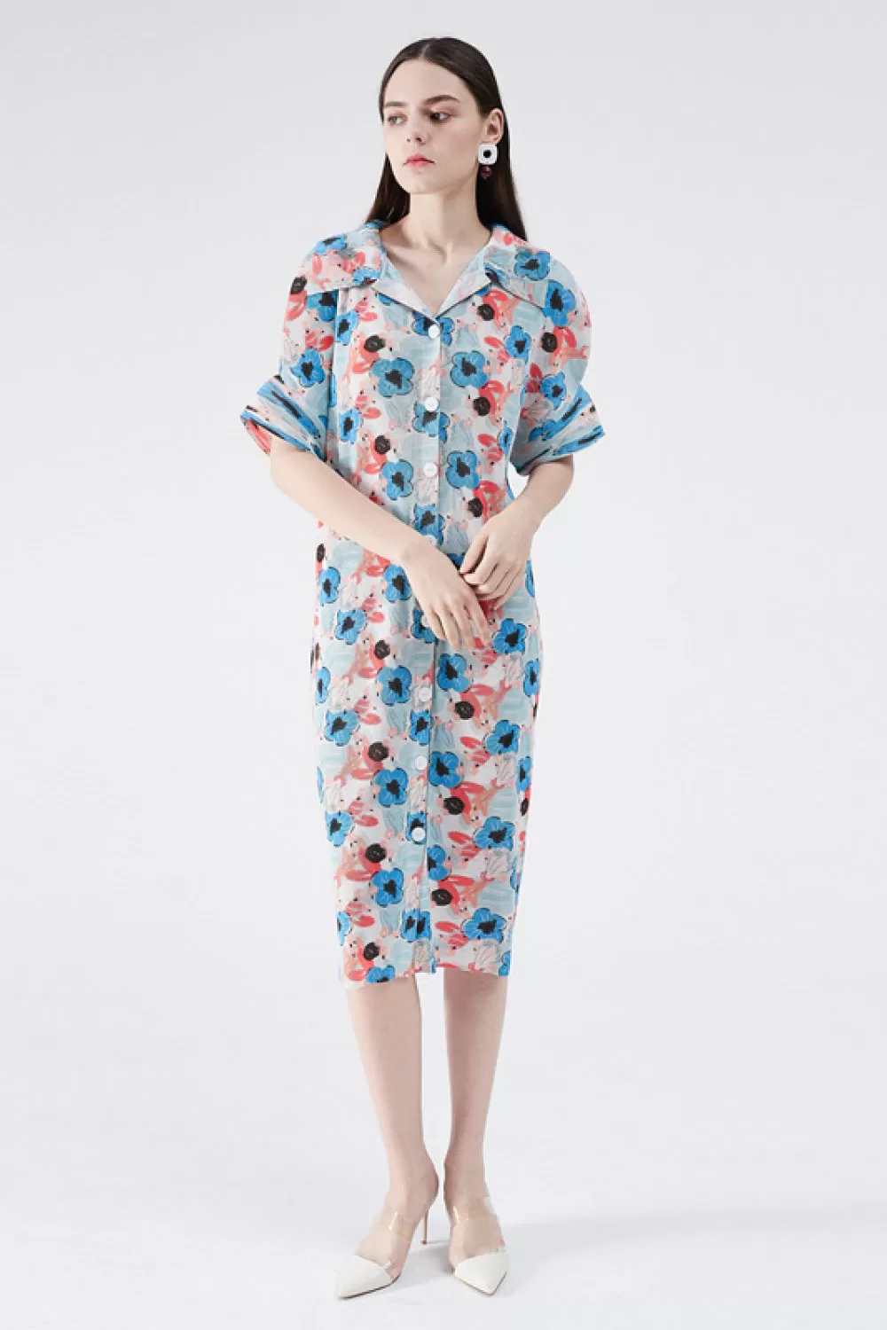 Floral Pleated Tie Waist Shirt Dress