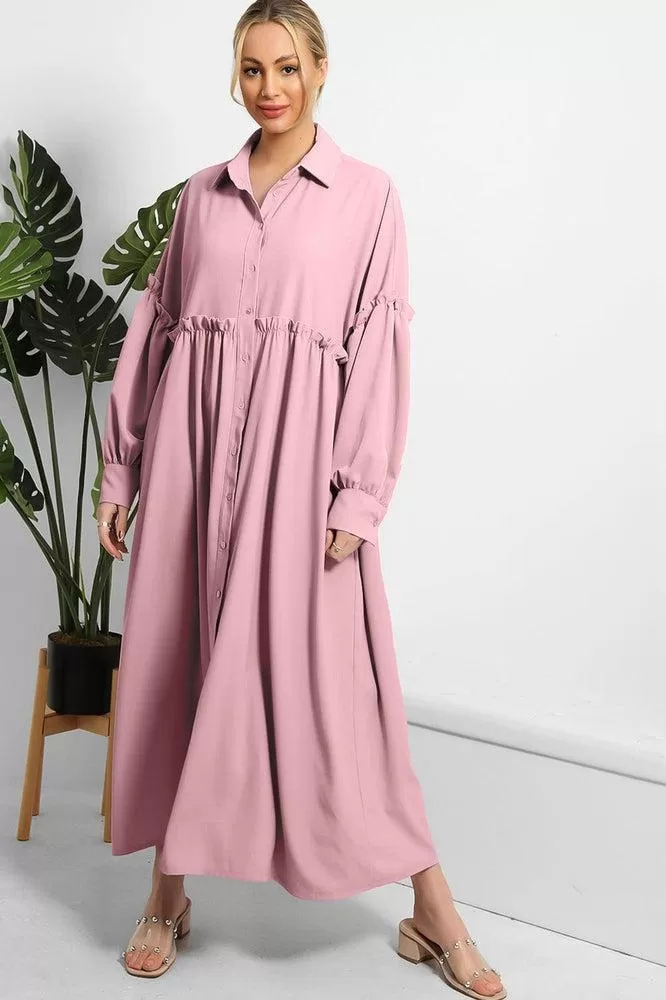 Frilled Details Modest Shirt Dress