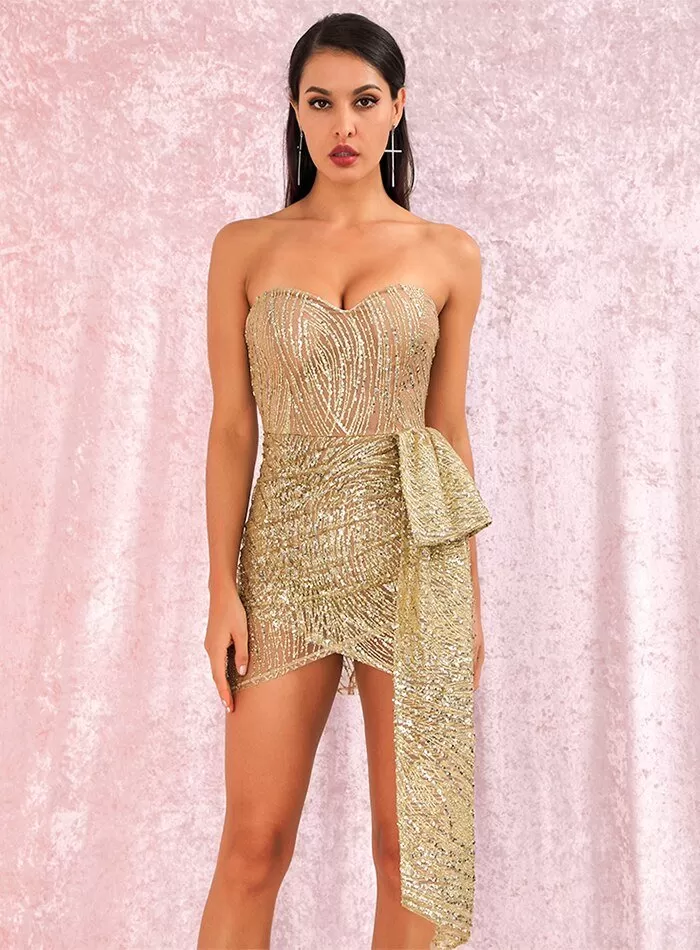 Gold Glitter Glued Material Mini Dress