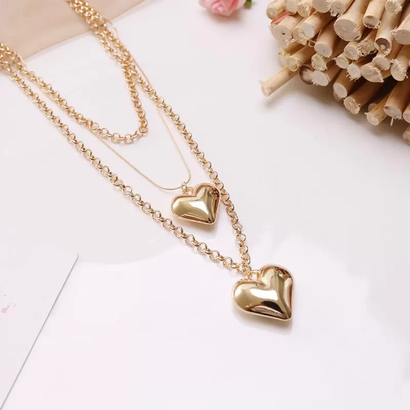 Gold Three-layered Heart Chain Pendant Necklace