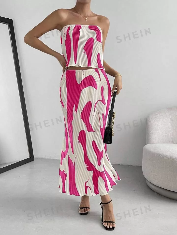 Graphic print tube tope & skirt in pink