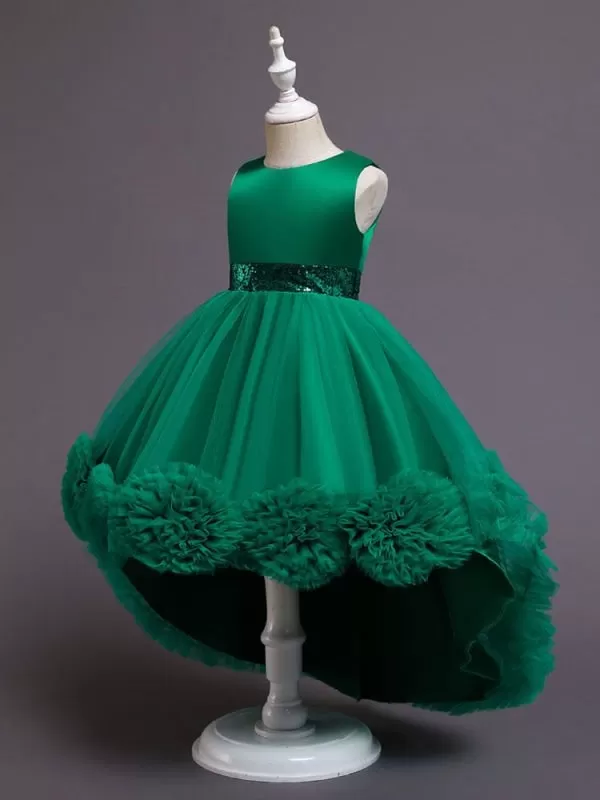 Green Tulle Sequined Kids Party Dresses Sleeveless Flower Girl Dresses with Bows