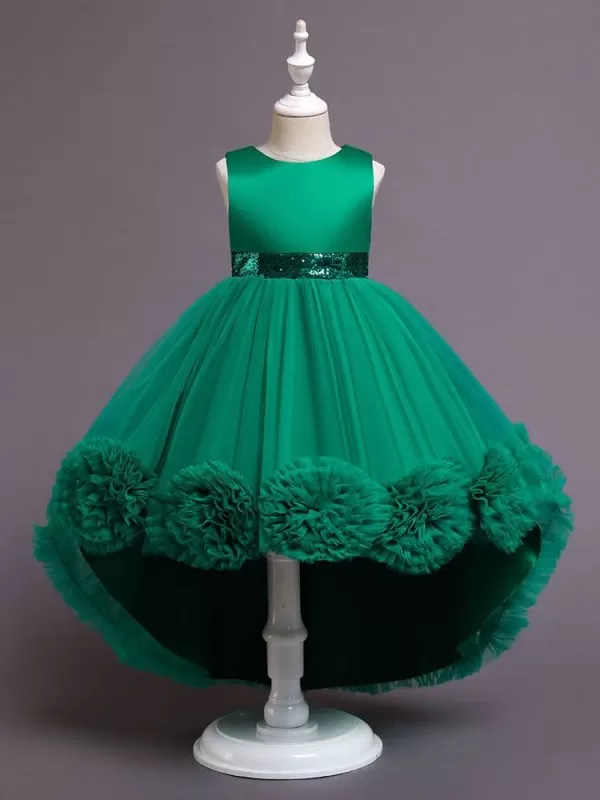 Green Tulle Sequined Kids Party Dresses Sleeveless Flower Girl Dresses with Bows