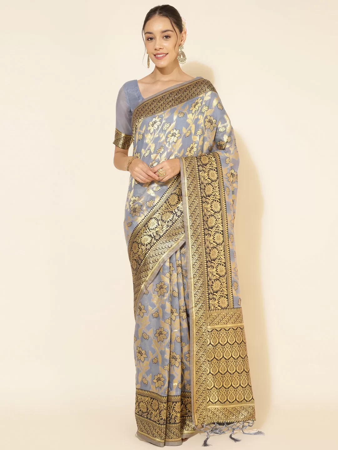 Grey Chanderi Silk Floral Saree with Unstitched Blouse Piece