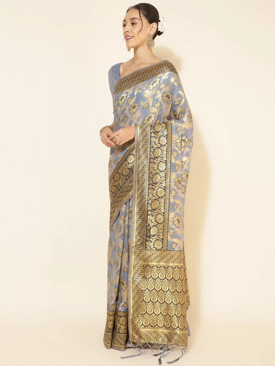 Grey Chanderi Silk Floral Saree with Unstitched Blouse Piece