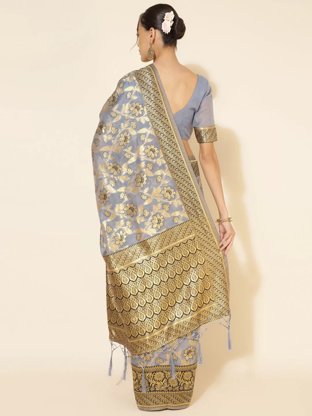 Grey Chanderi Silk Floral Saree with Unstitched Blouse Piece