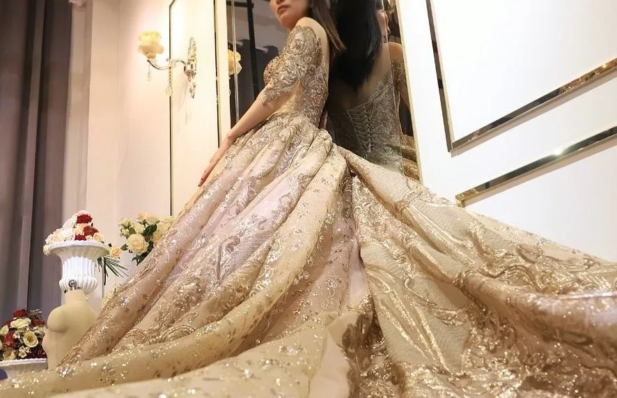 Heavy beading work golden wedding dress