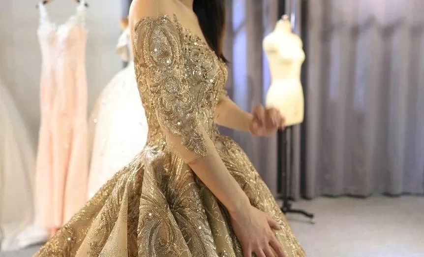 Heavy beading work golden wedding dress