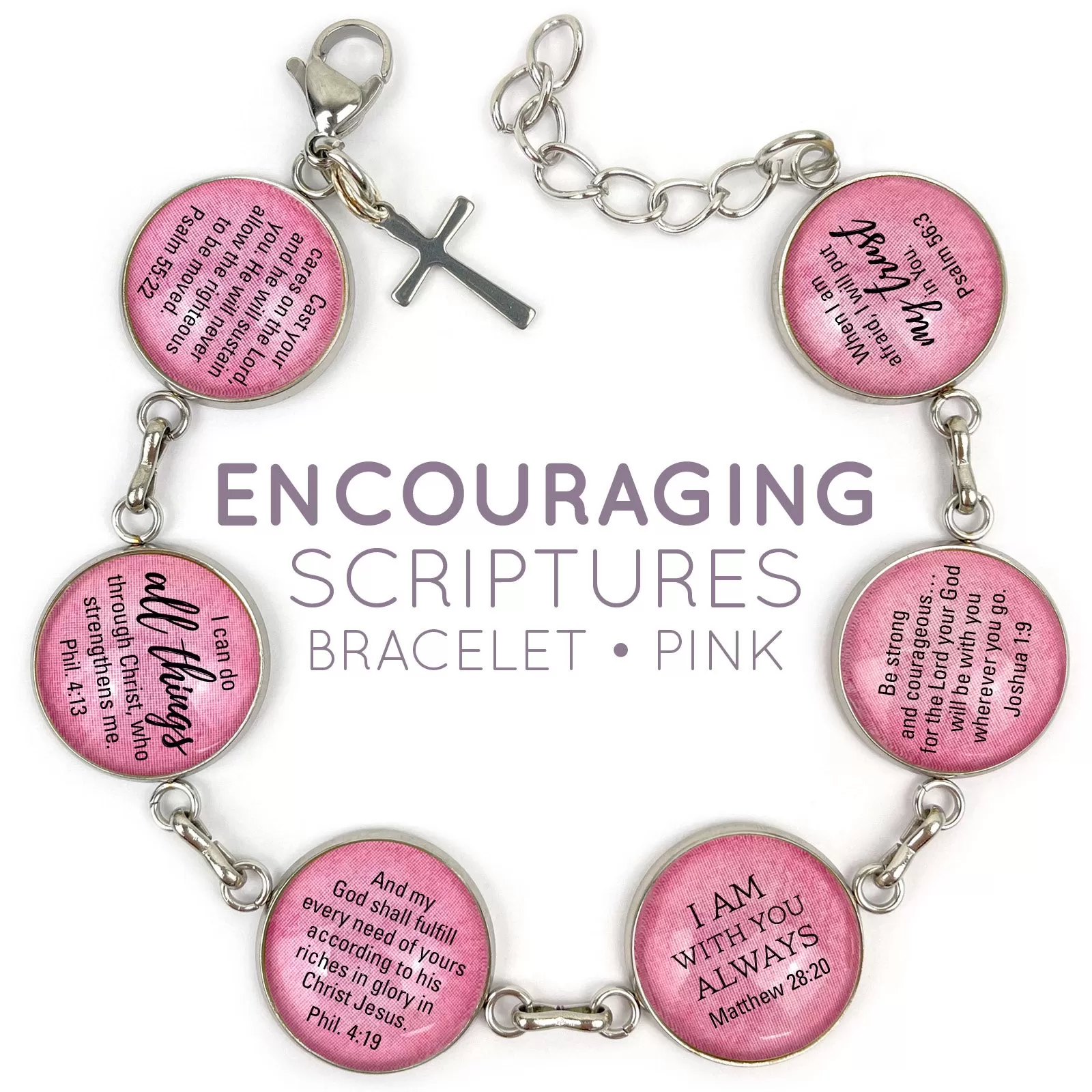 Hope & Encouragement Scripture Bracelet – Glass Charm Stainless Steel Christian Bible Verse Bracelet, 7.5-8.75