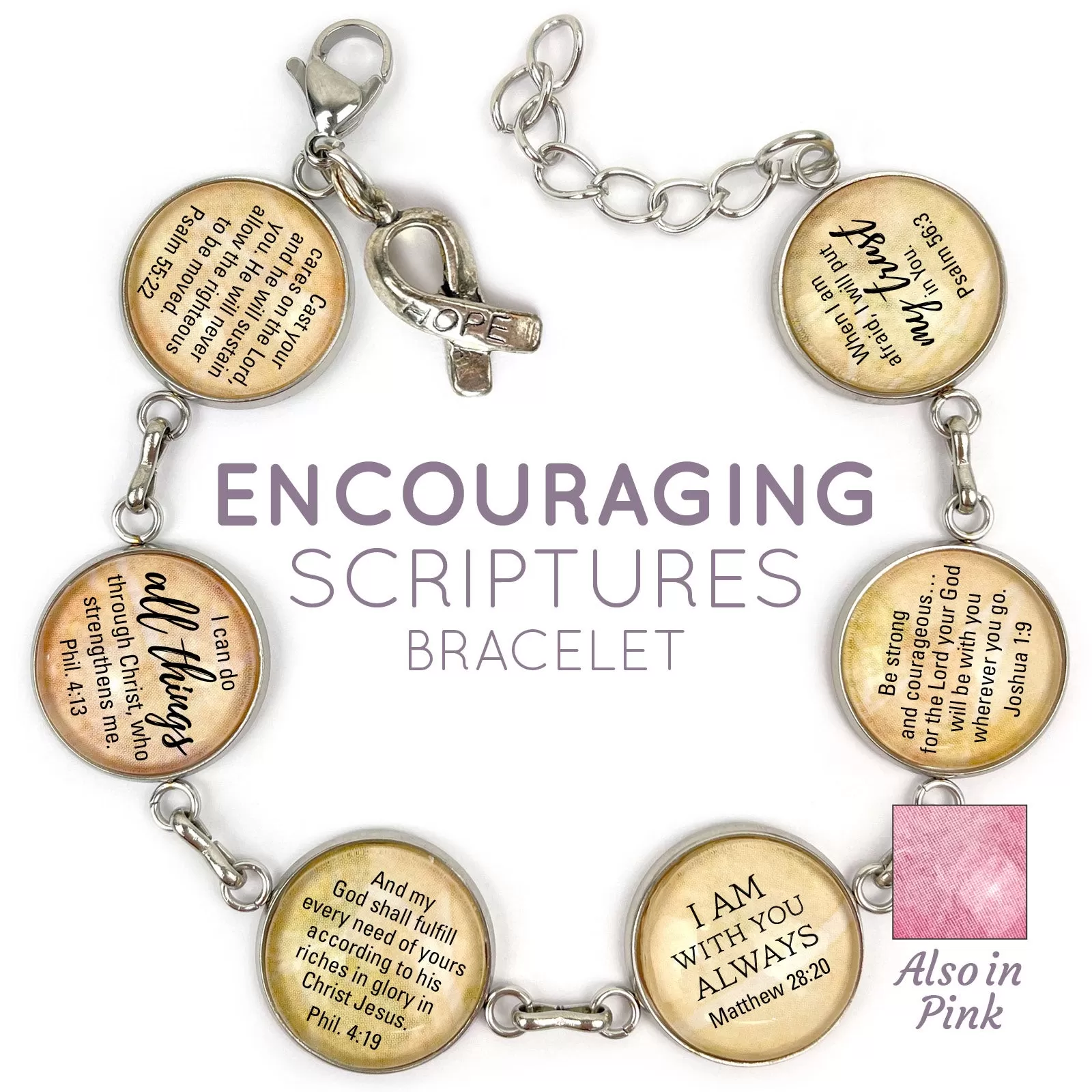 Hope & Encouragement Scripture Bracelet – Glass Charm Stainless Steel Christian Bible Verse Bracelet, 7.5-8.75