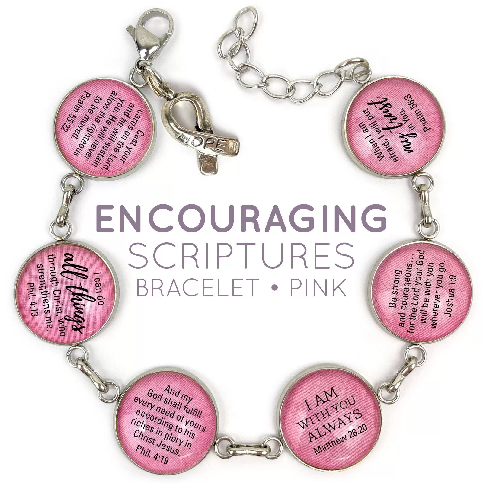 Hope & Encouragement Scripture Bracelet – Glass Charm Stainless Steel Christian Bible Verse Bracelet, 7.5-8.75