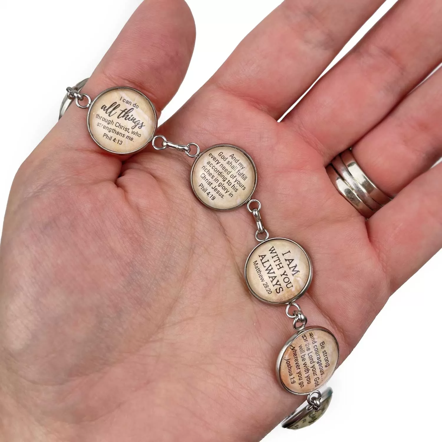 Hope & Encouragement Scripture Bracelet – Glass Charm Stainless Steel Christian Bible Verse Bracelet, 7.5-8.75