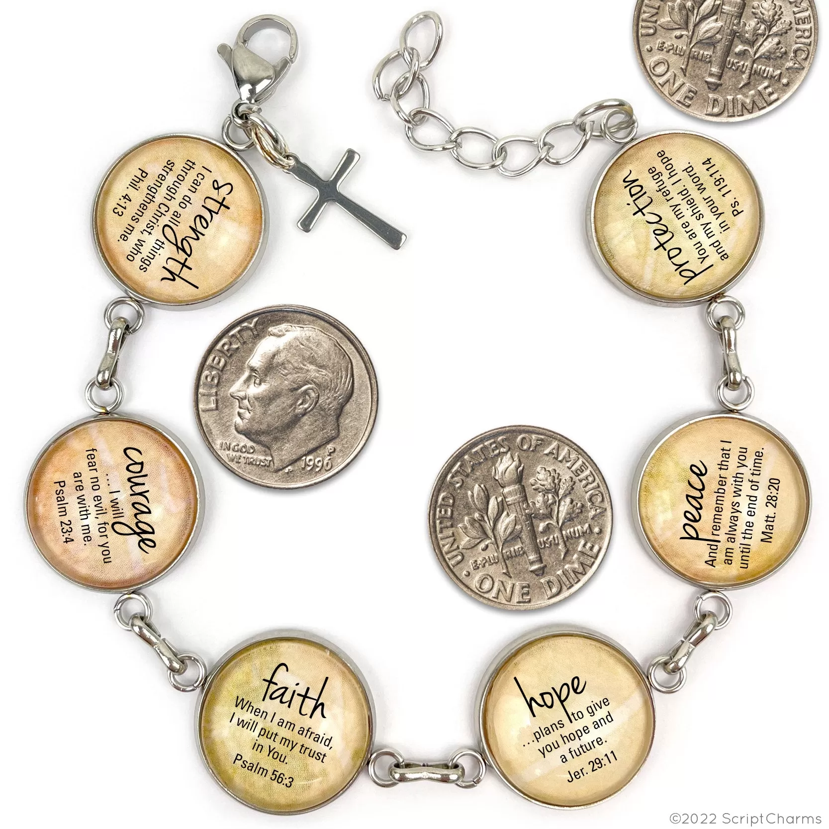 Hope & Encouragement Scripture Bracelet – Glass Charm Stainless Steel Christian Bible Verse Bracelet, 7.5-8.75