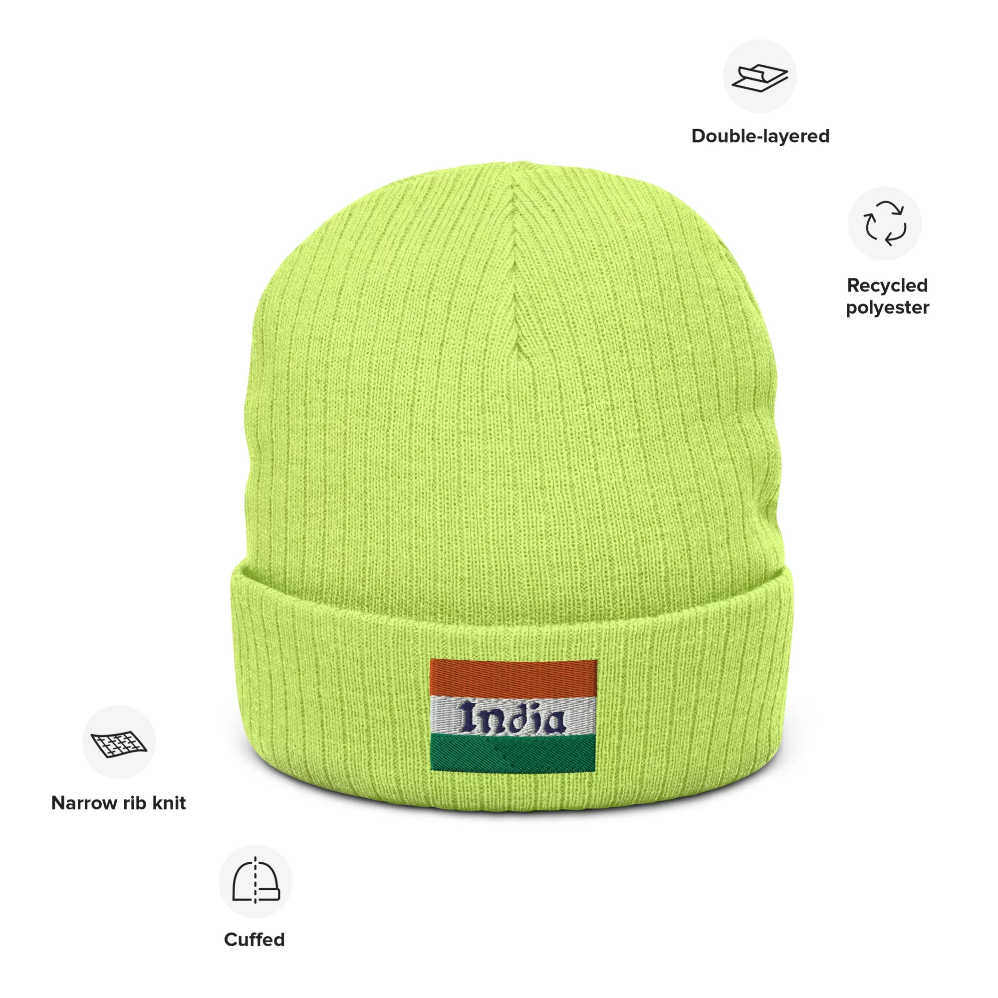 India Beanie With Embroidered Flag / Premium Embroidered Clothes / Available In 8 Colours / Recycled Polyester