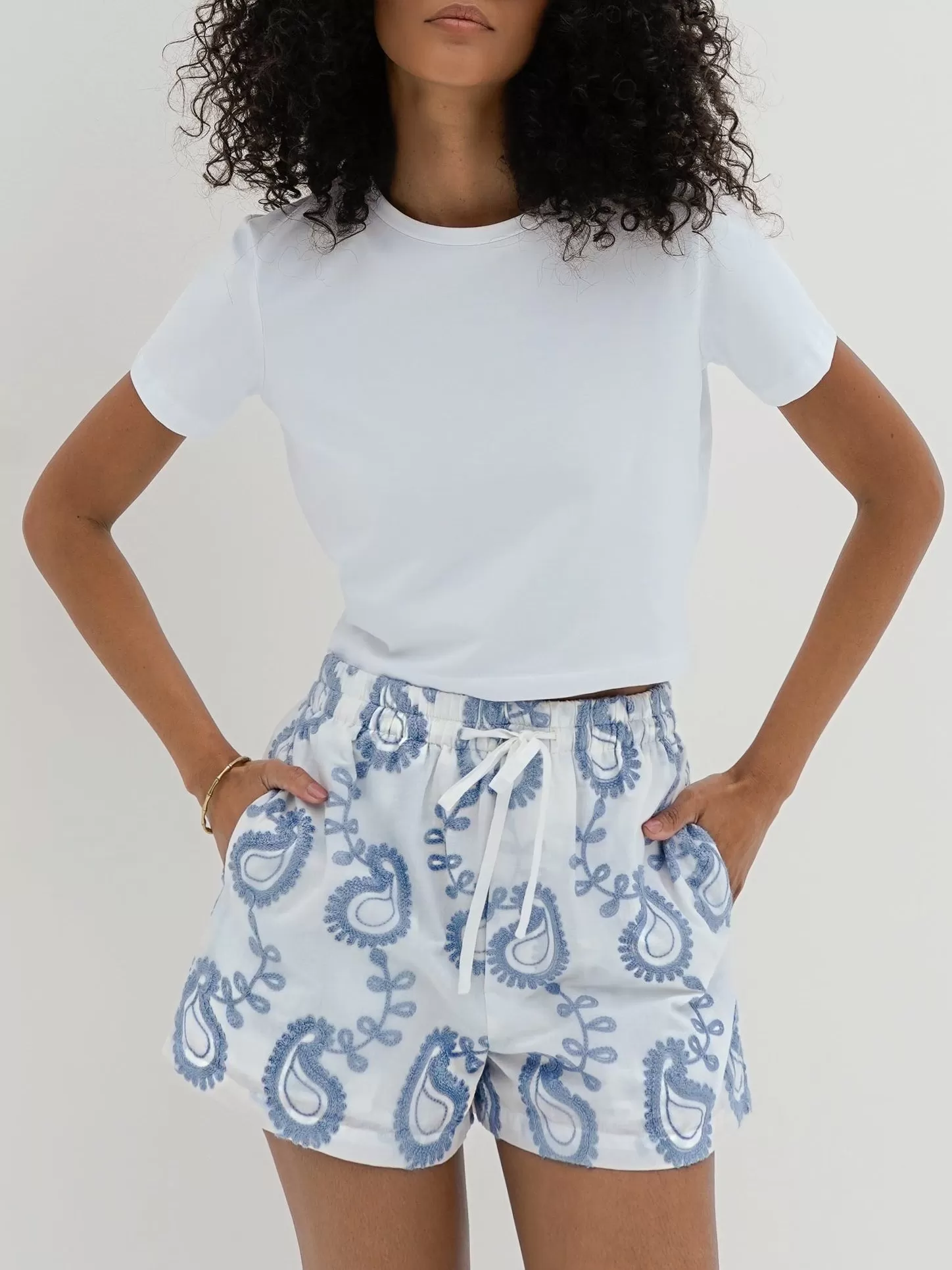 Jacira Embroidered Paisley Cotton Day Shorts | White & Blue