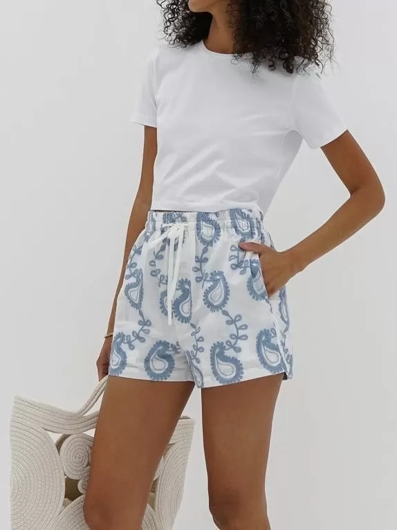 Jacira Embroidered Paisley Cotton Day Shorts | White & Blue