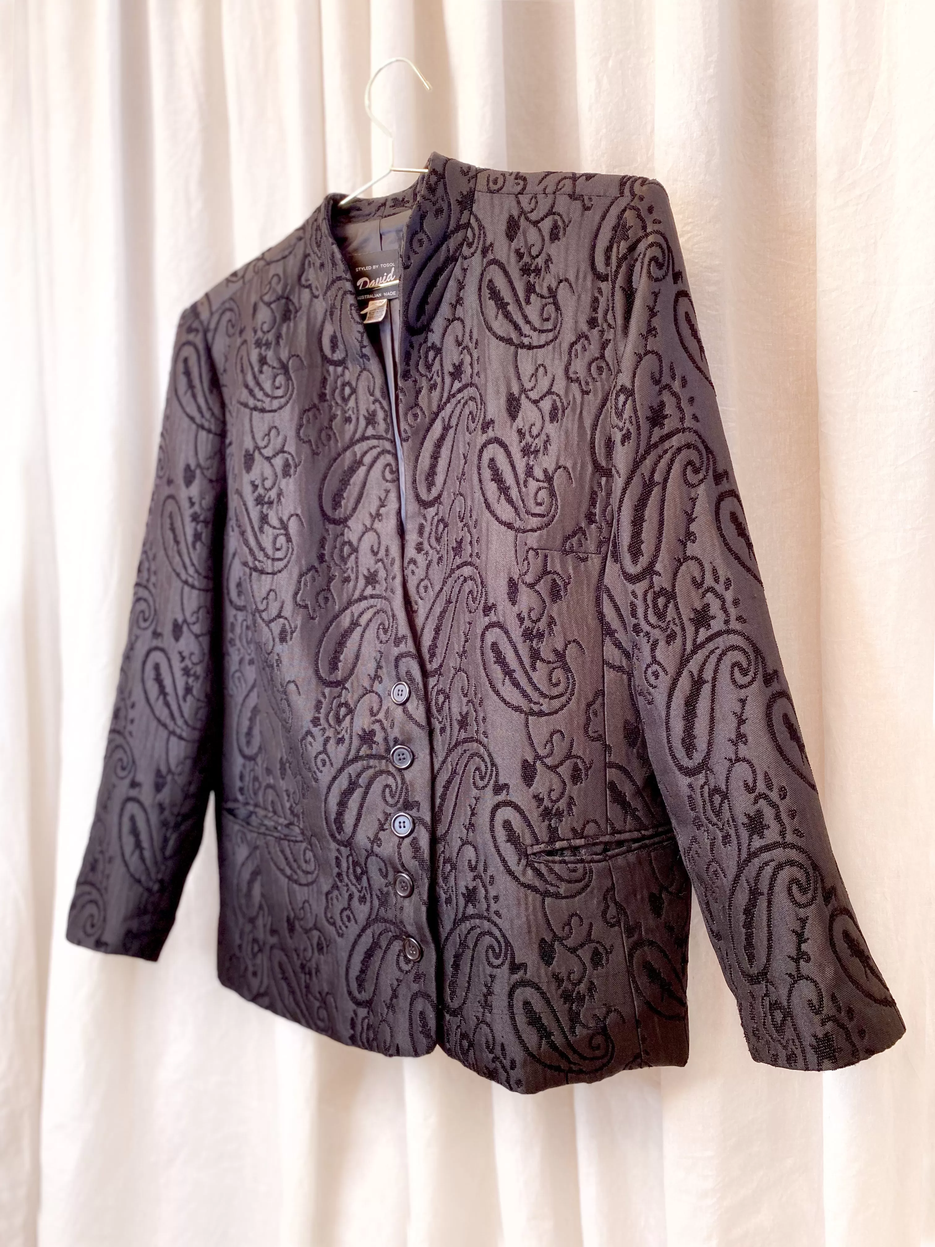 JACQUARD VINTAGE JACKET [ Black, Paisley Pattern, Size Large ]