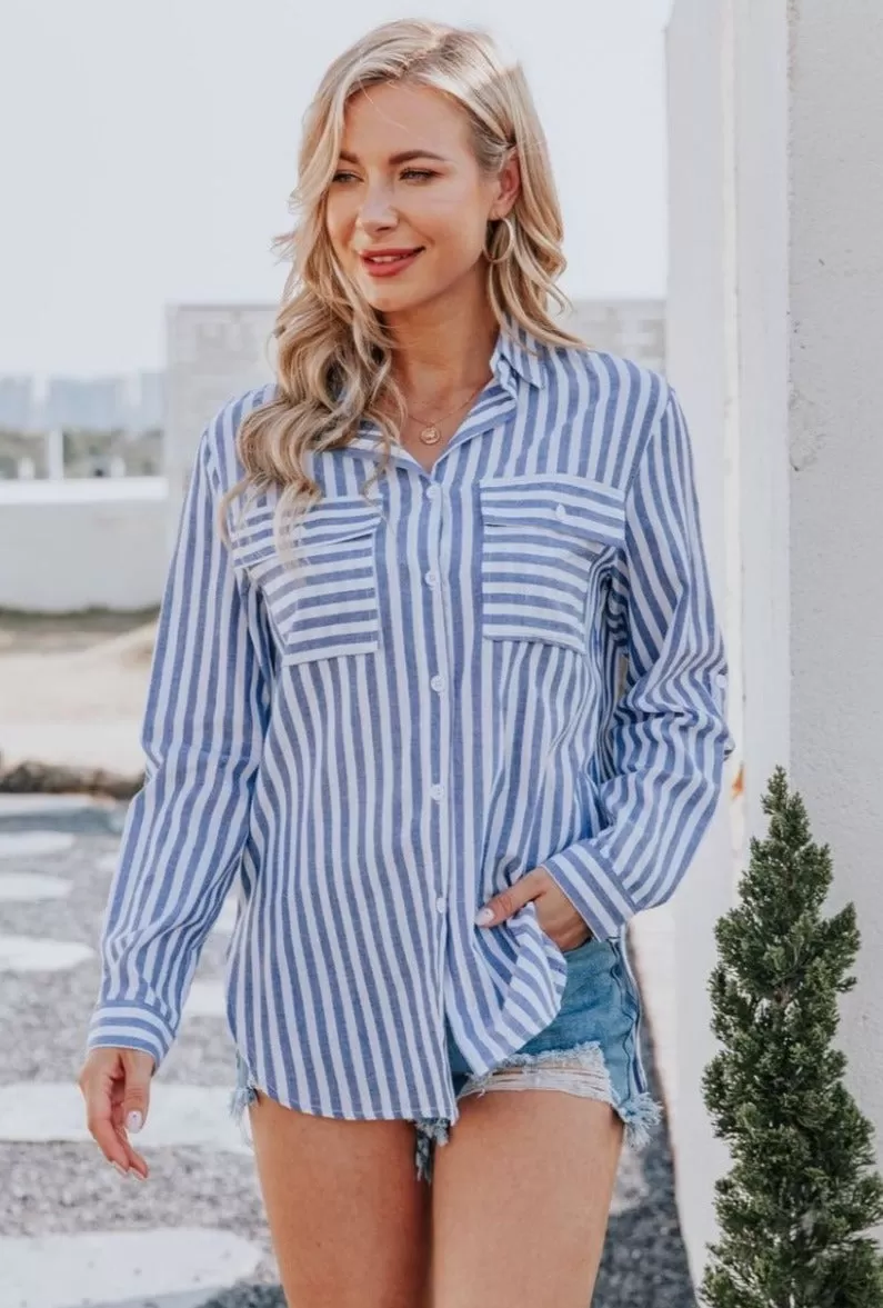 Jewel Striped Roll Up Sleeve Shirt - Demin Blue