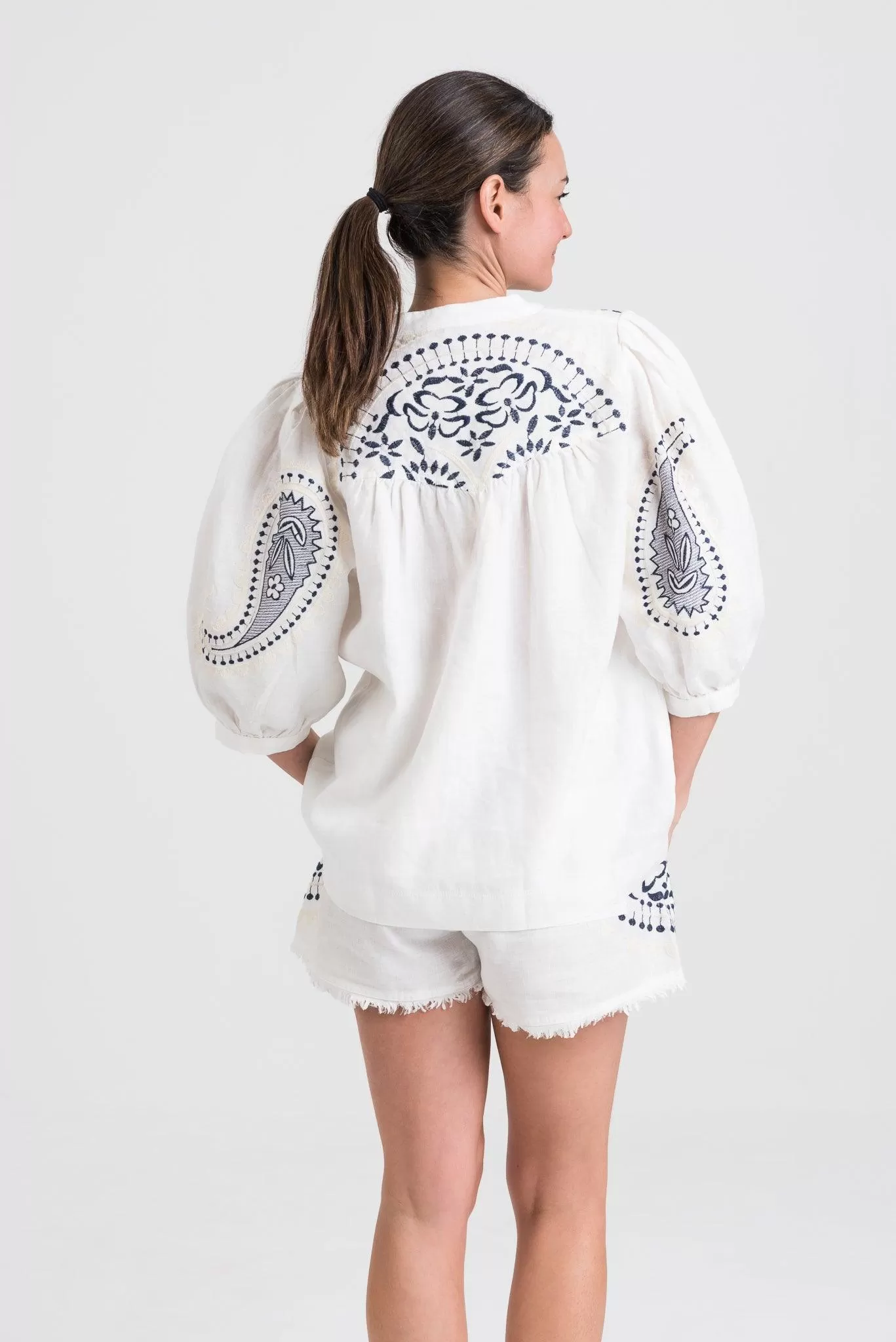 Kori Embroidered Linen Blouse | White & Navy