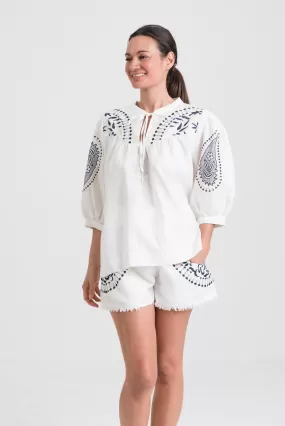 Kori Embroidered Linen Blouse | White & Navy