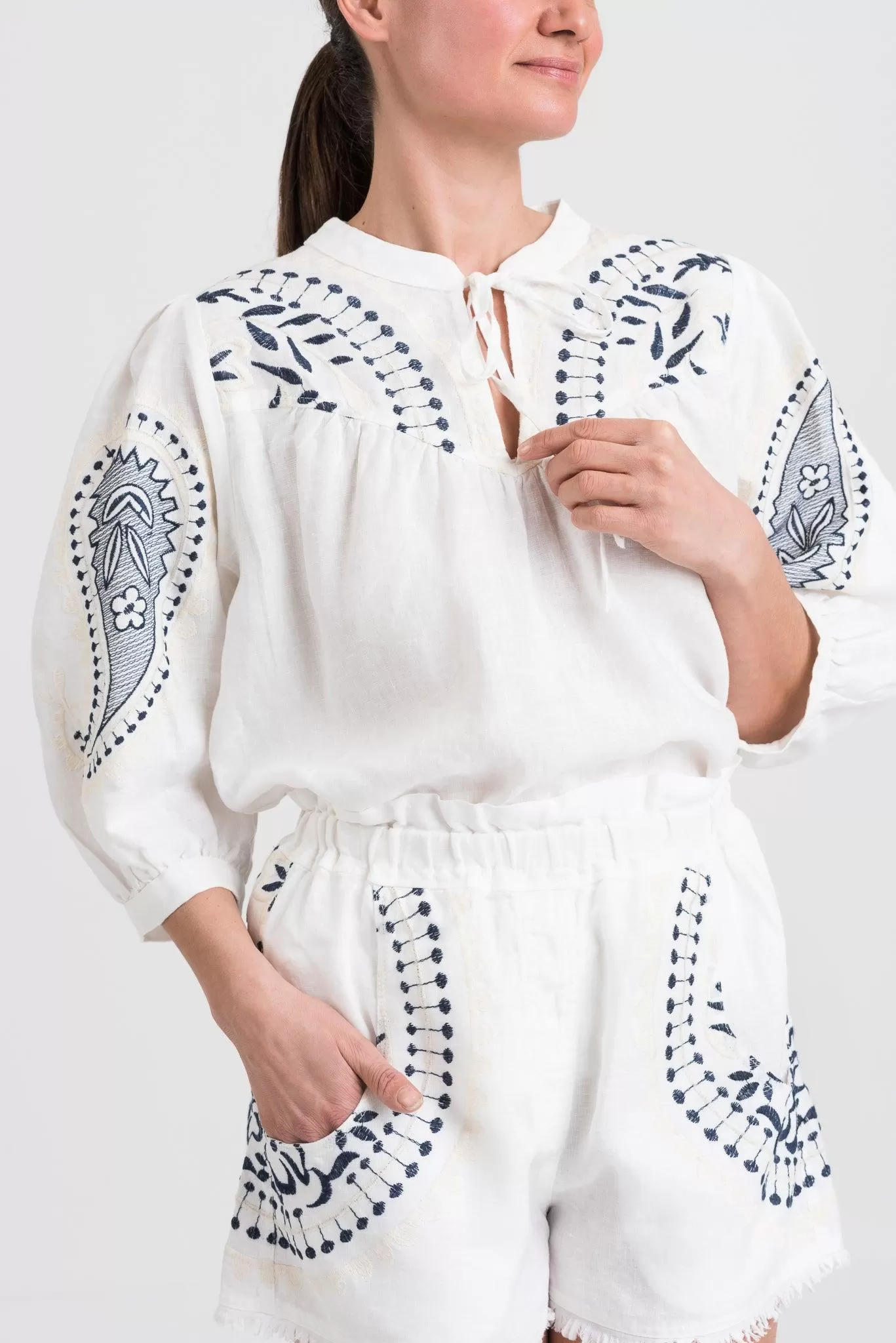 Kori Embroidered Linen Blouse | White & Navy