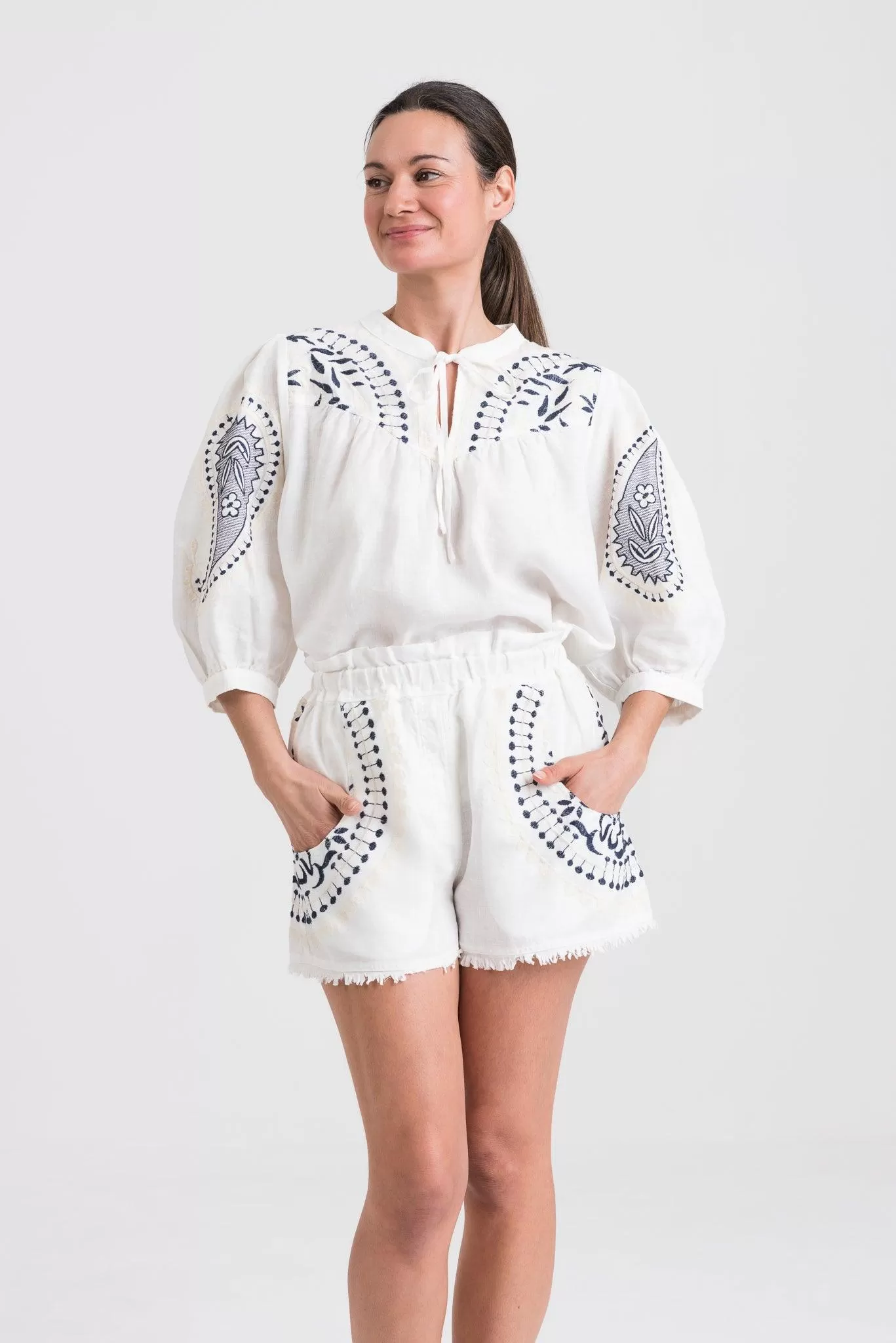 Kori Embroidered Linen Blouse | White & Navy