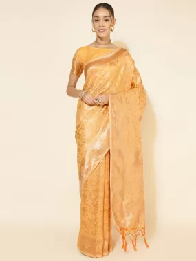 Light Yellow Chanderi Silk Woven Ethnic Motifs Saree with Unstitched Blouse Piece