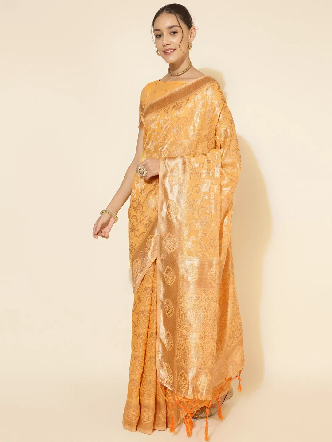 Light Yellow Chanderi Silk Woven Ethnic Motifs Saree with Unstitched Blouse Piece