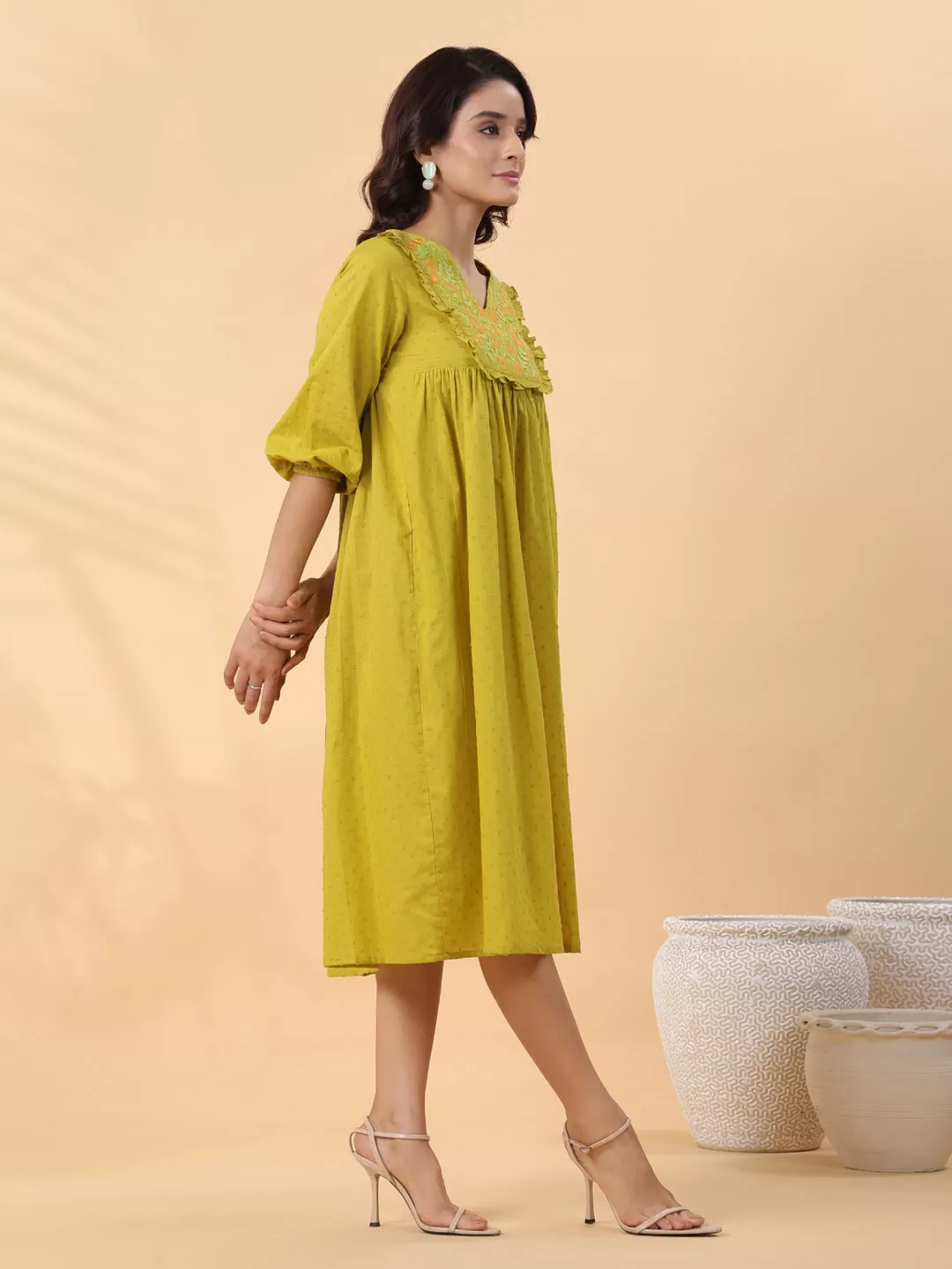 LIme Green Dobby Cotton Pleated Dress