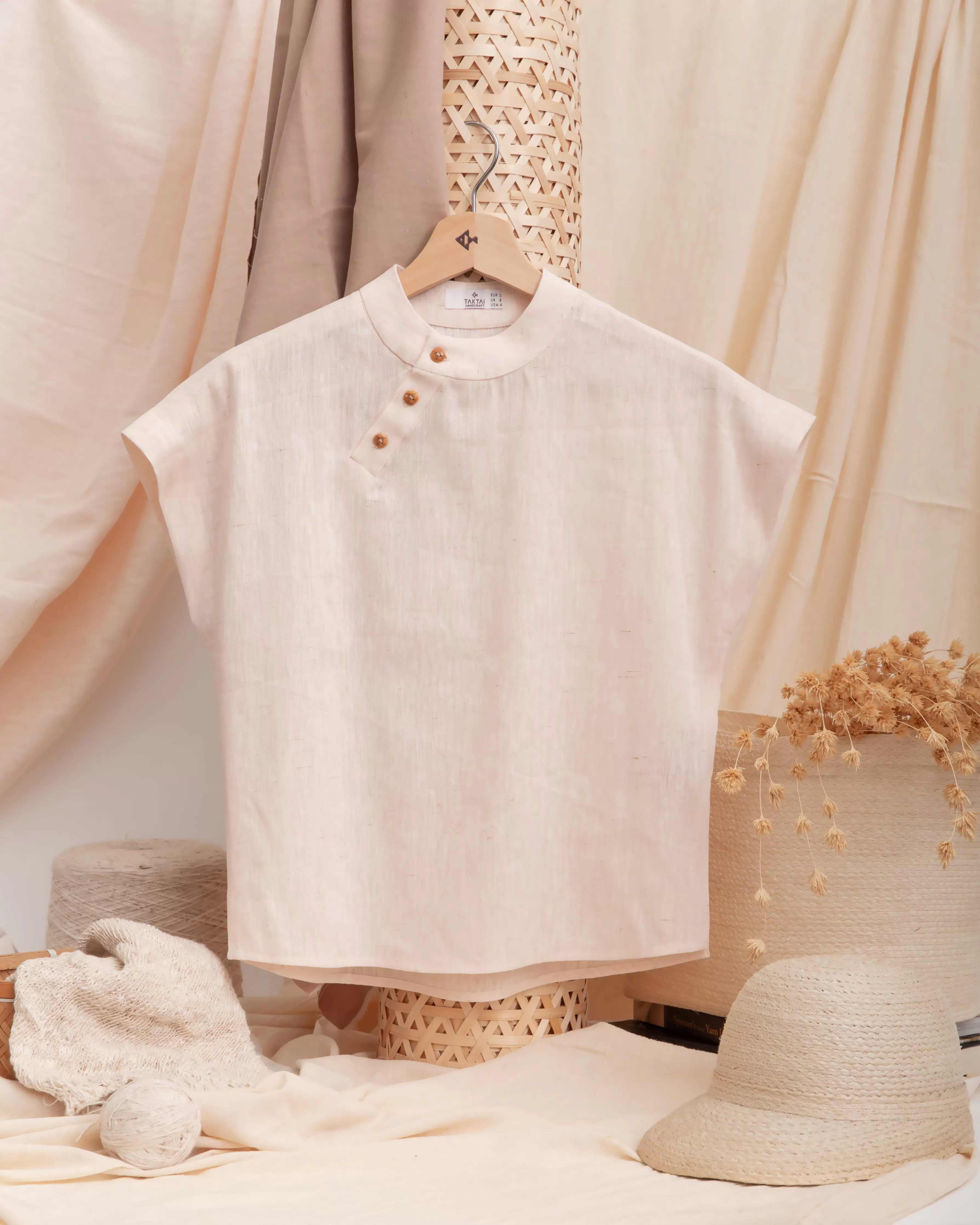 Linen Bamboo Wood Button Short Sleeve Top - TAKTAI