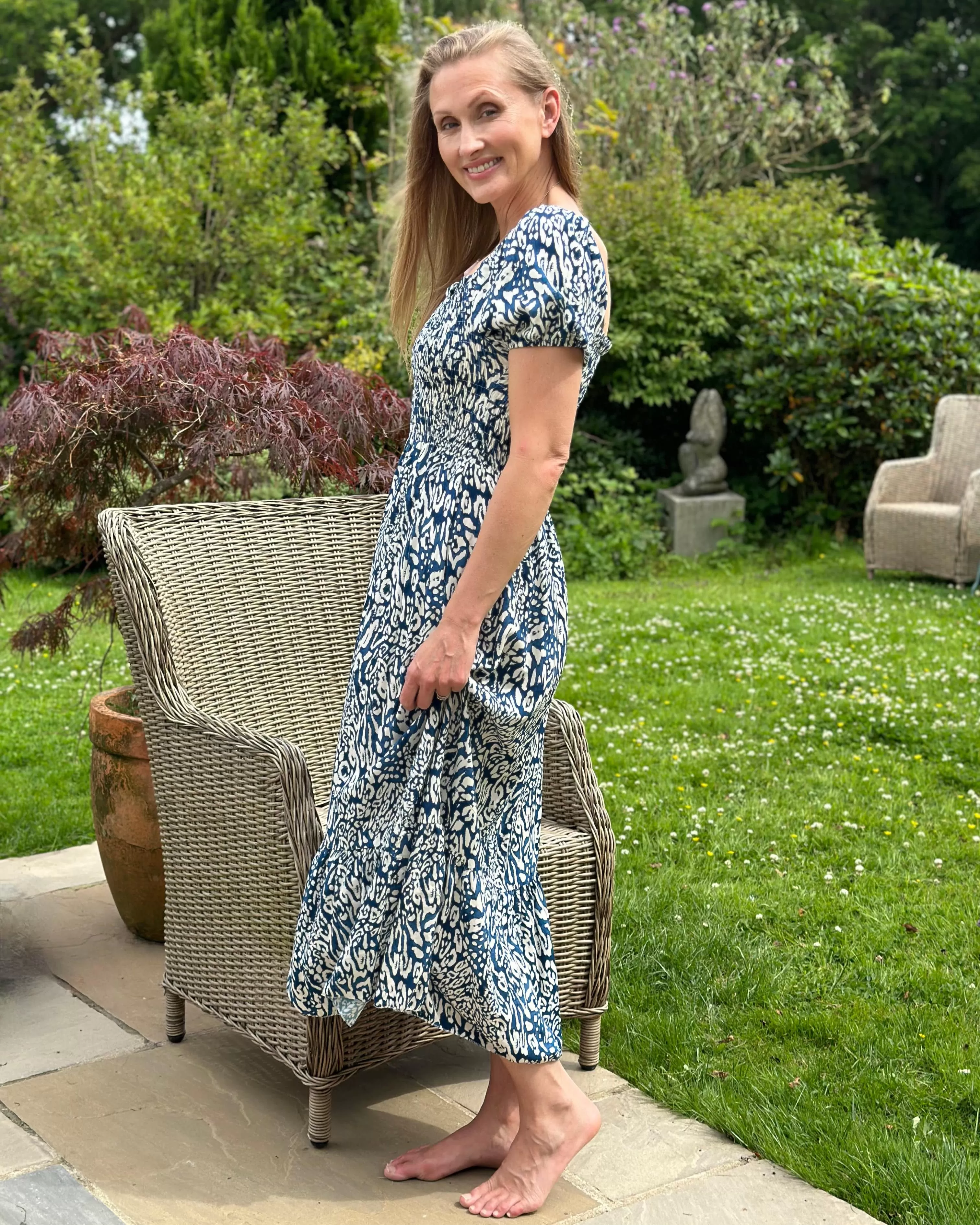 Long Ruched Bodice Print Dress - Navy