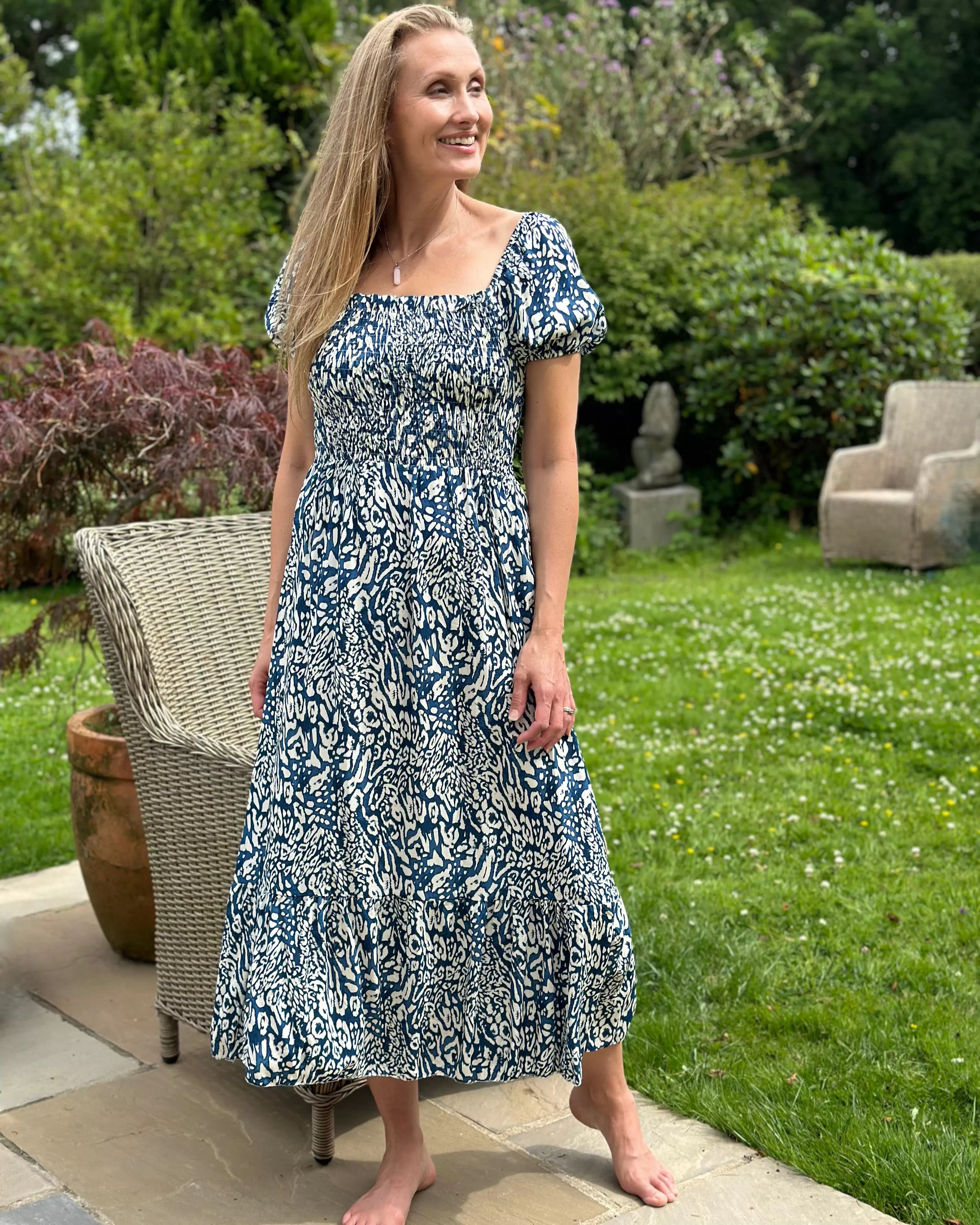 Long Ruched Bodice Print Dress - Navy