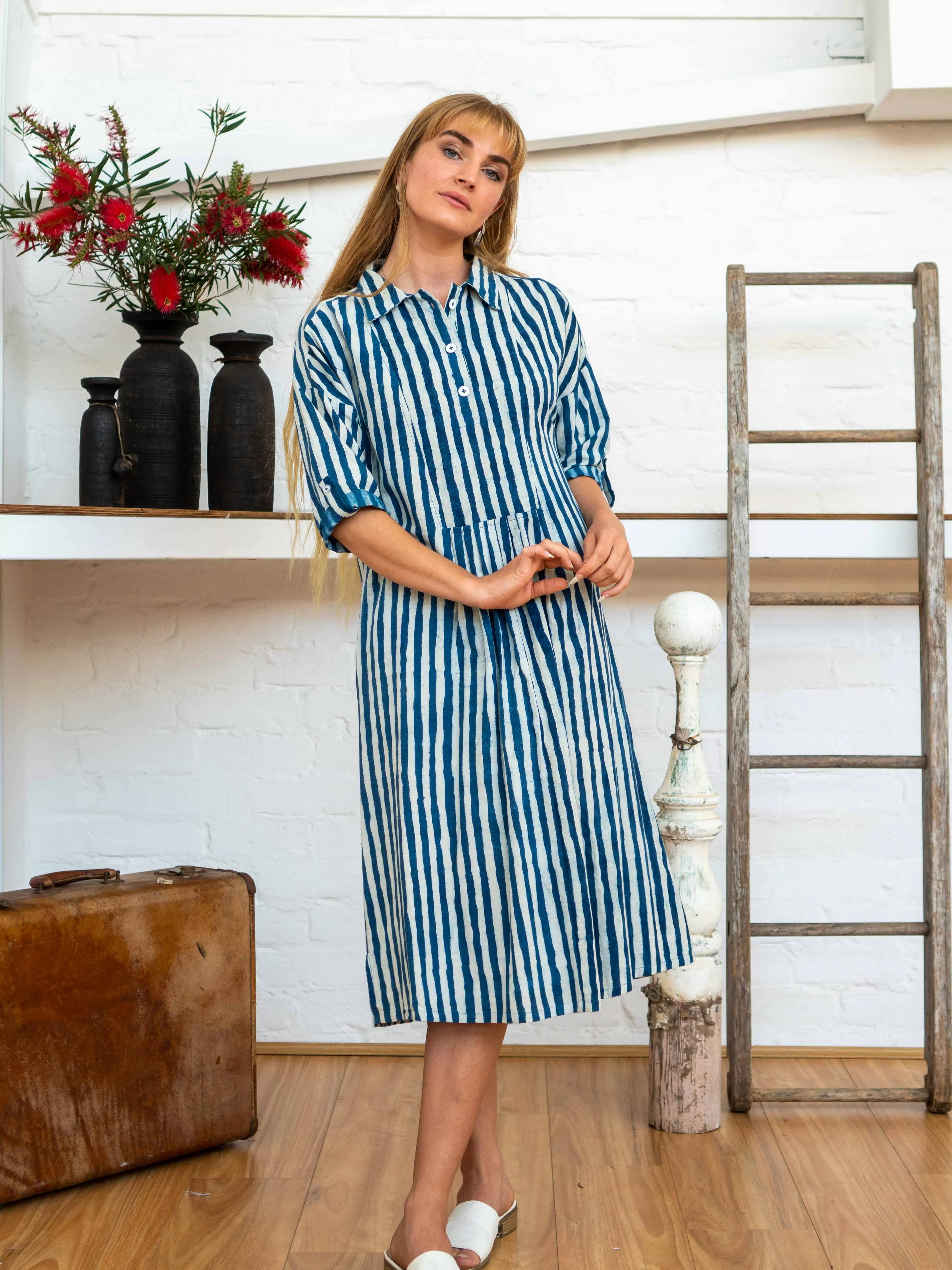 Long Sleeve Shirt Dress - Indigo Stripes