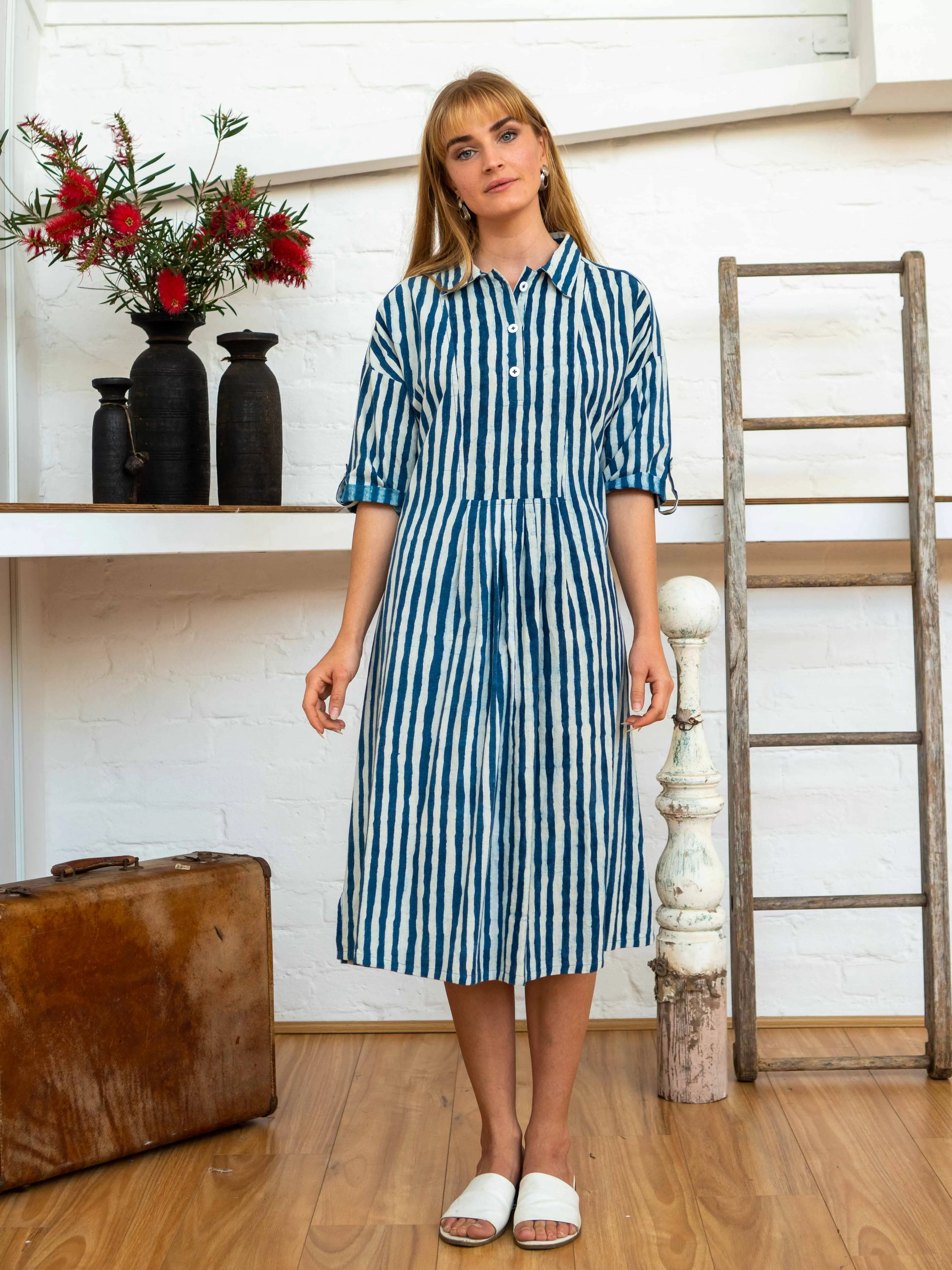 Long Sleeve Shirt Dress - Indigo Stripes