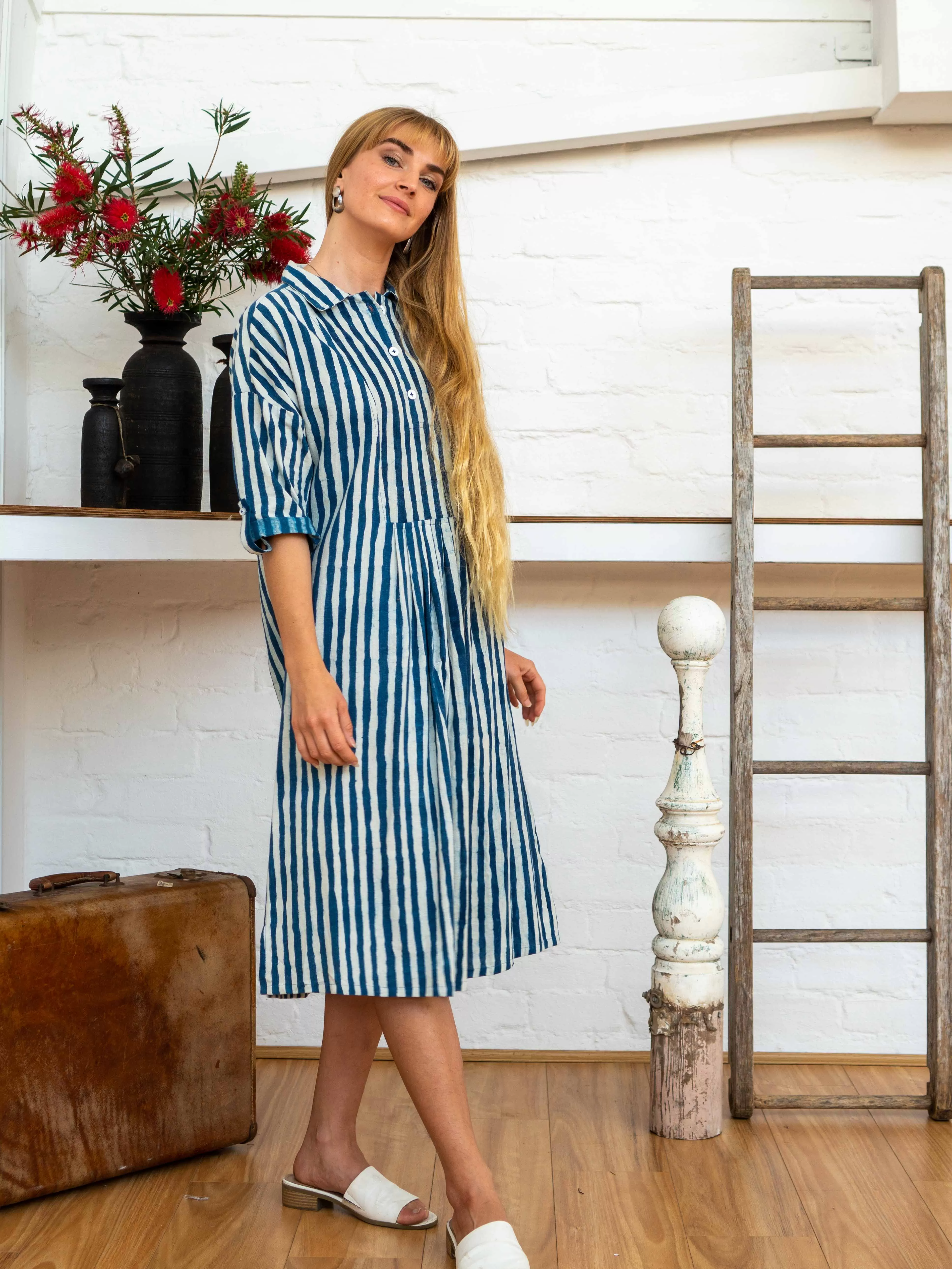 Long Sleeve Shirt Dress - Indigo Stripes