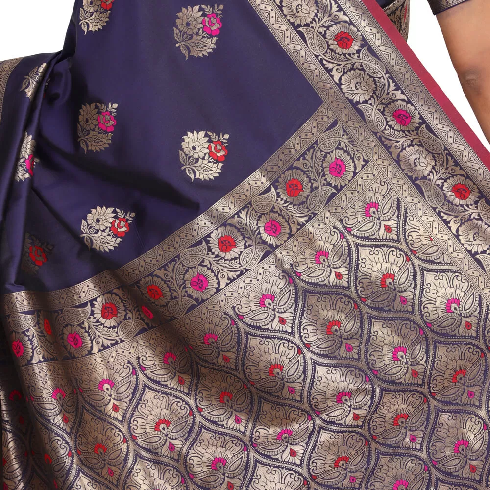 Malai Silk banarasi saree with Meena booti - Navy Blue