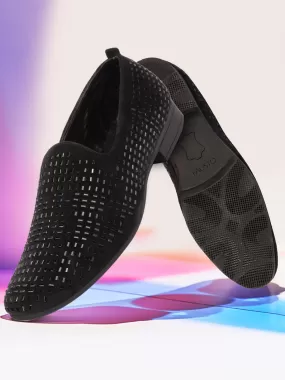 Men Black Embellished Design Velvet Slip On Party Loafers Shoes