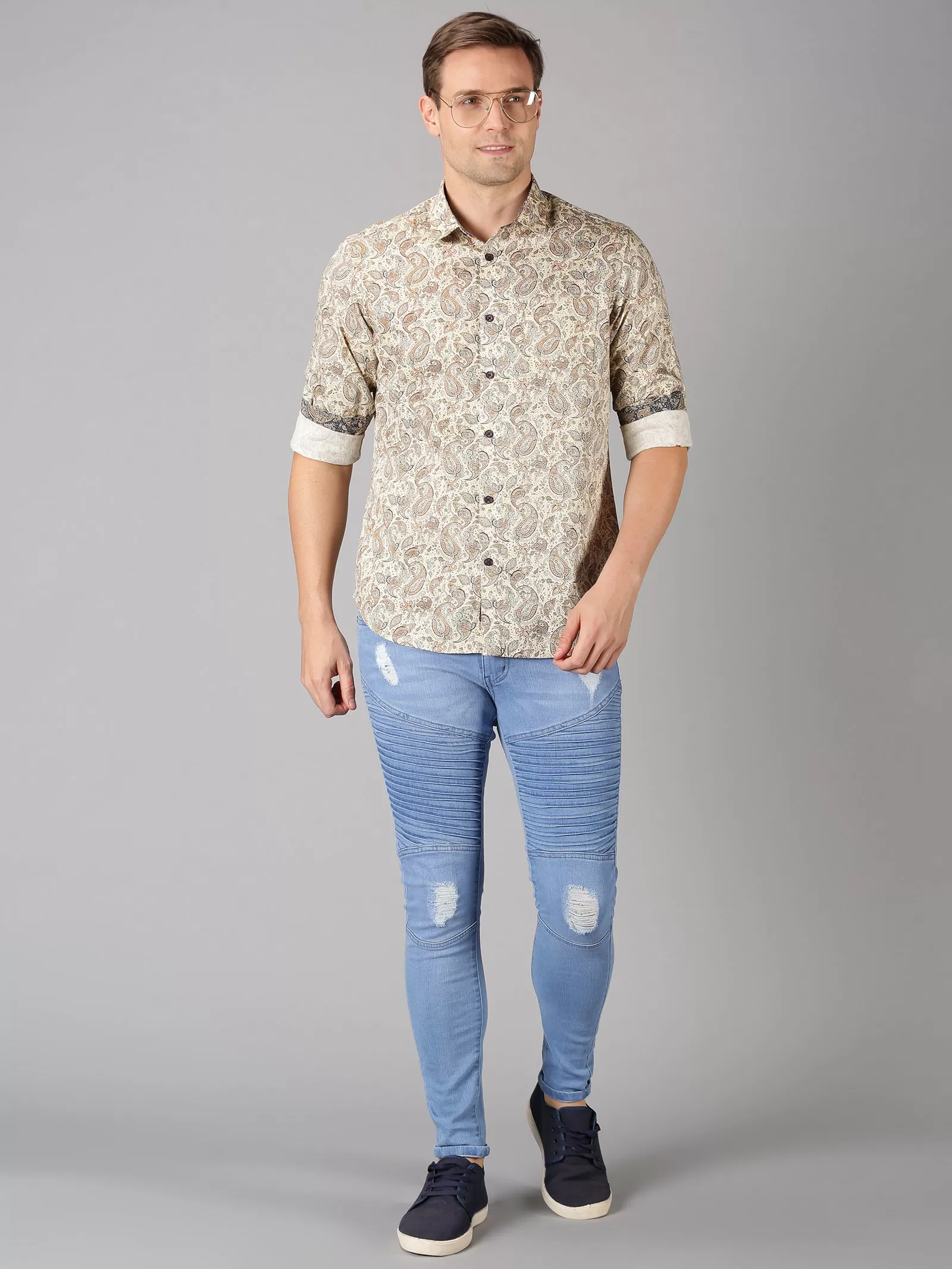 MEN'S ECRU PRINTED SLIM FIT SHIRT