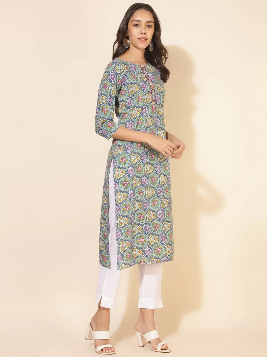 Multicolor Cotton Printed Straight Kurta