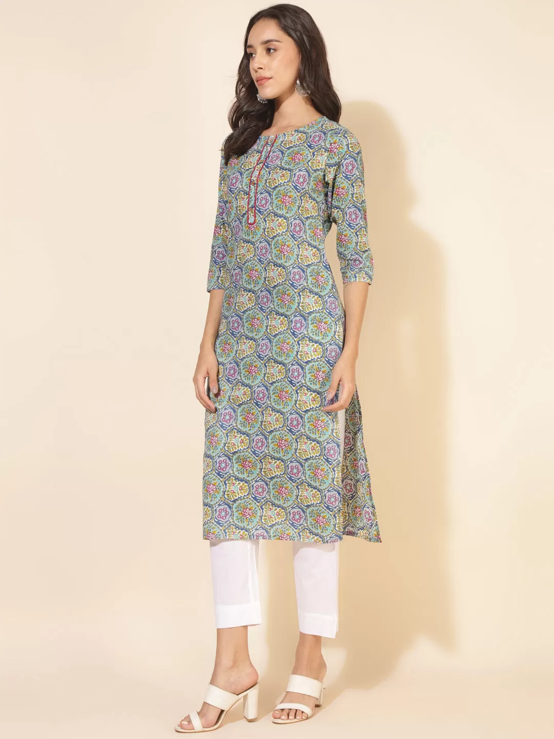 Multicolor Cotton Printed Straight Kurta